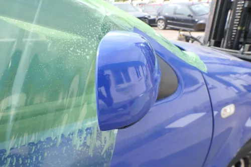 VW Polo 6N2 manueller Spiegel Außenspiegel rechts außen blau LA5C (169239)