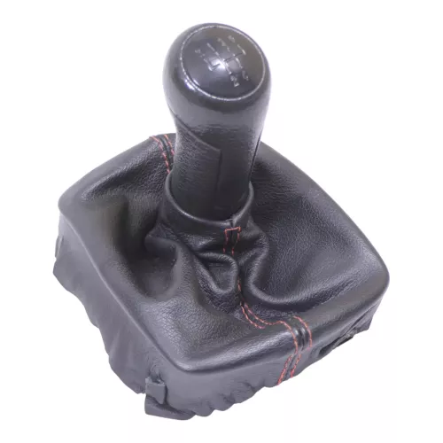 VW Polo 9N 9N3 Schaltknauf Schaltsack 6Q1711113D Leder schwarz rote Nähte ## (149966)